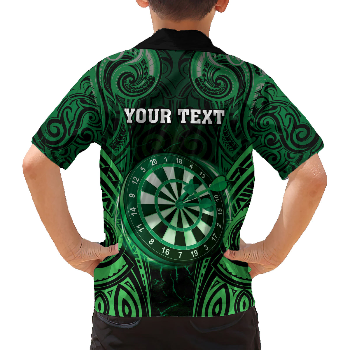 Personalised New Zealand Darts Kid Hawaiian Shirt Green Dart Board Maori Pattern