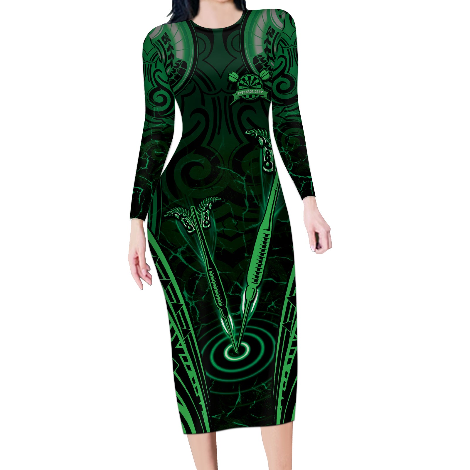 Personalised New Zealand Darts Long Sleeve Bodycon Dress Green Dart Board Maori Pattern