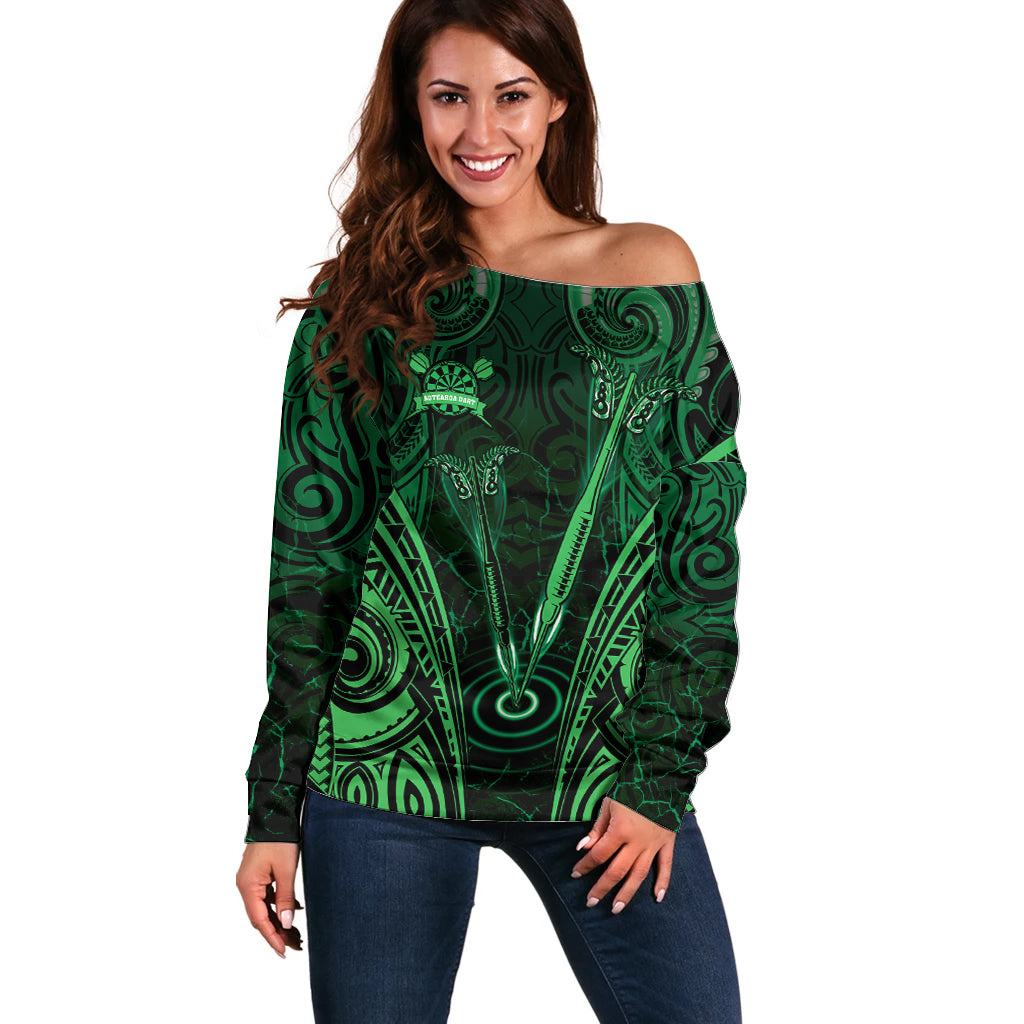 Personalised New Zealand Darts Off Shoulder Sweater Green Dart Board Maori Pattern