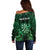 Personalised New Zealand Darts Off Shoulder Sweater Green Dart Board Maori Pattern