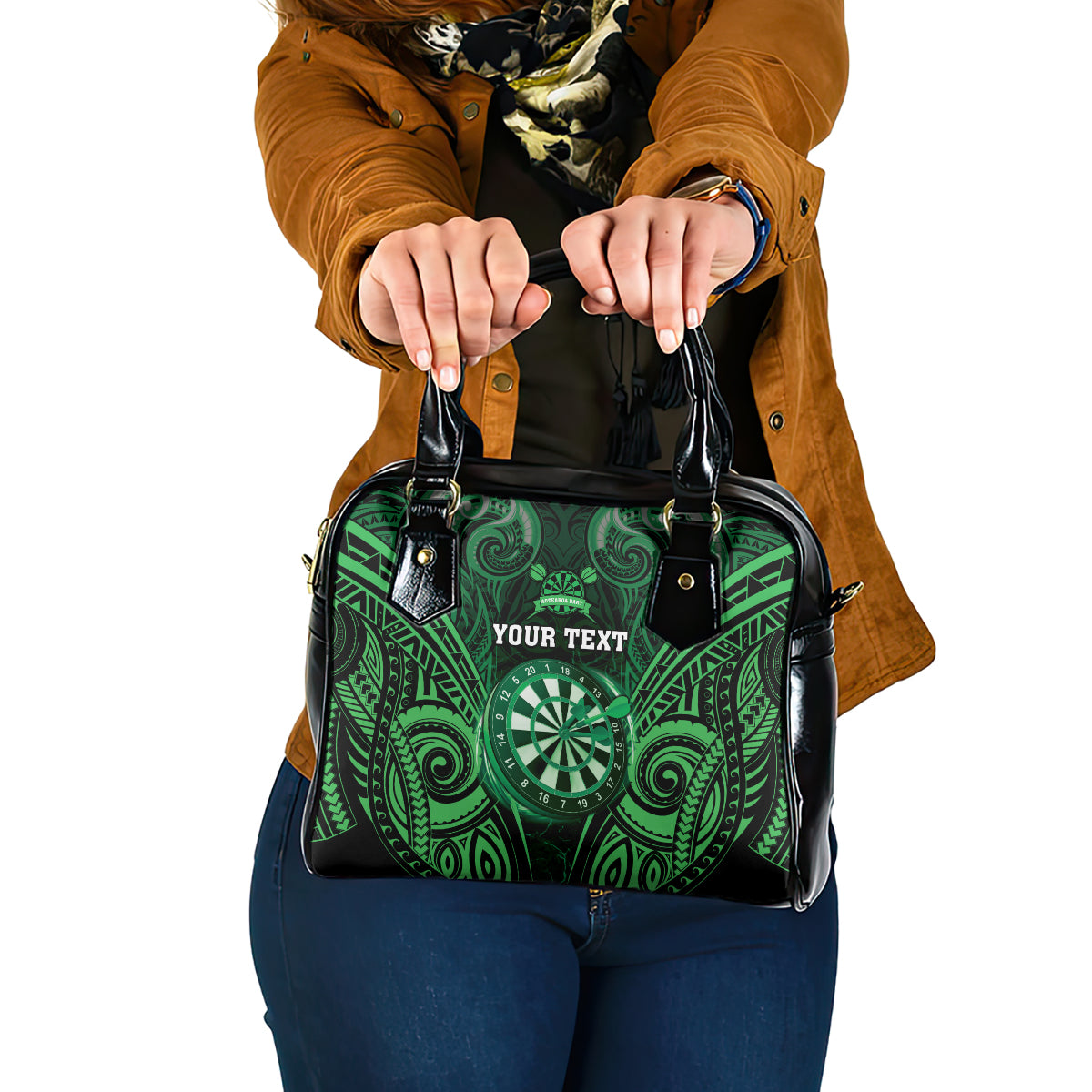 Personalised New Zealand Darts Shoulder Handbag Green Dart Board Maori Pattern