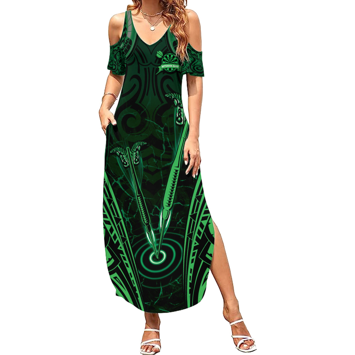 Personalised New Zealand Darts Summer Maxi Dress Green Dart Board Maori Pattern