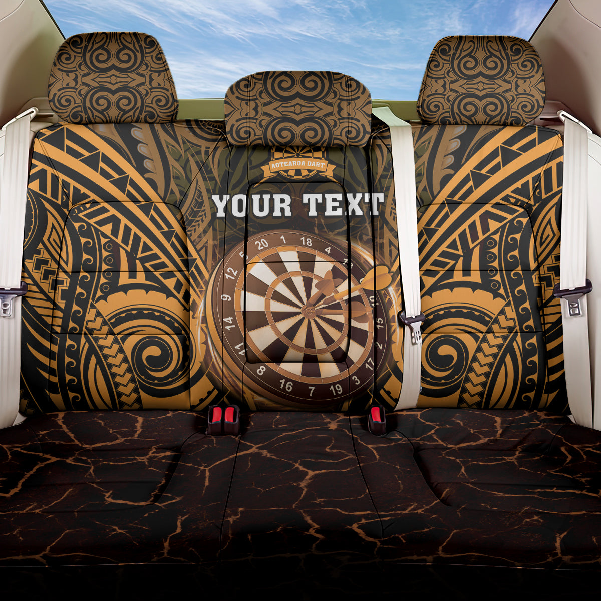 Personalised New Zealand Darts Back Car Seat Cover Gold Dart Board Maori Pattern LT05