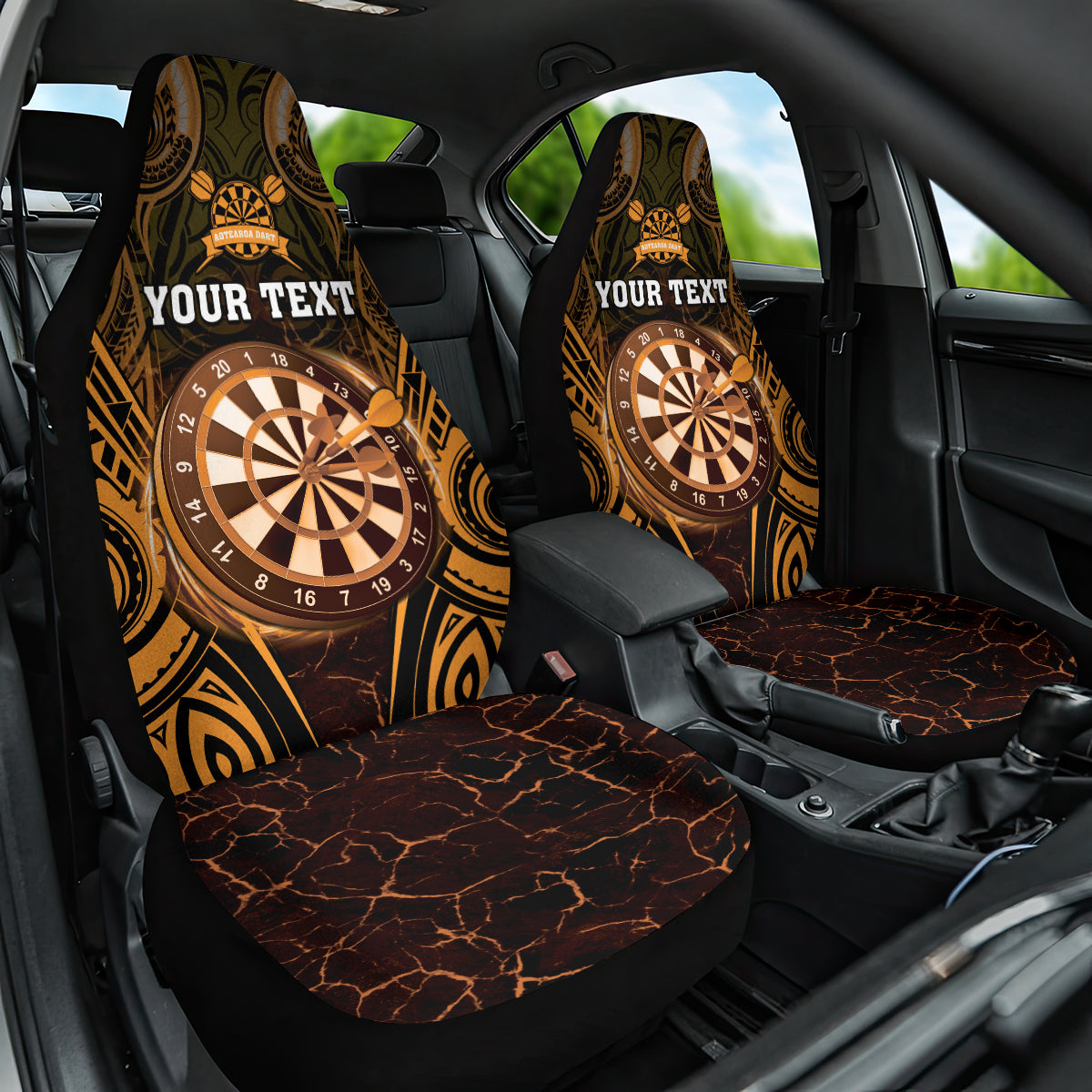 Personalised New Zealand Darts Car Seat Cover Gold Dart Board Maori Pattern