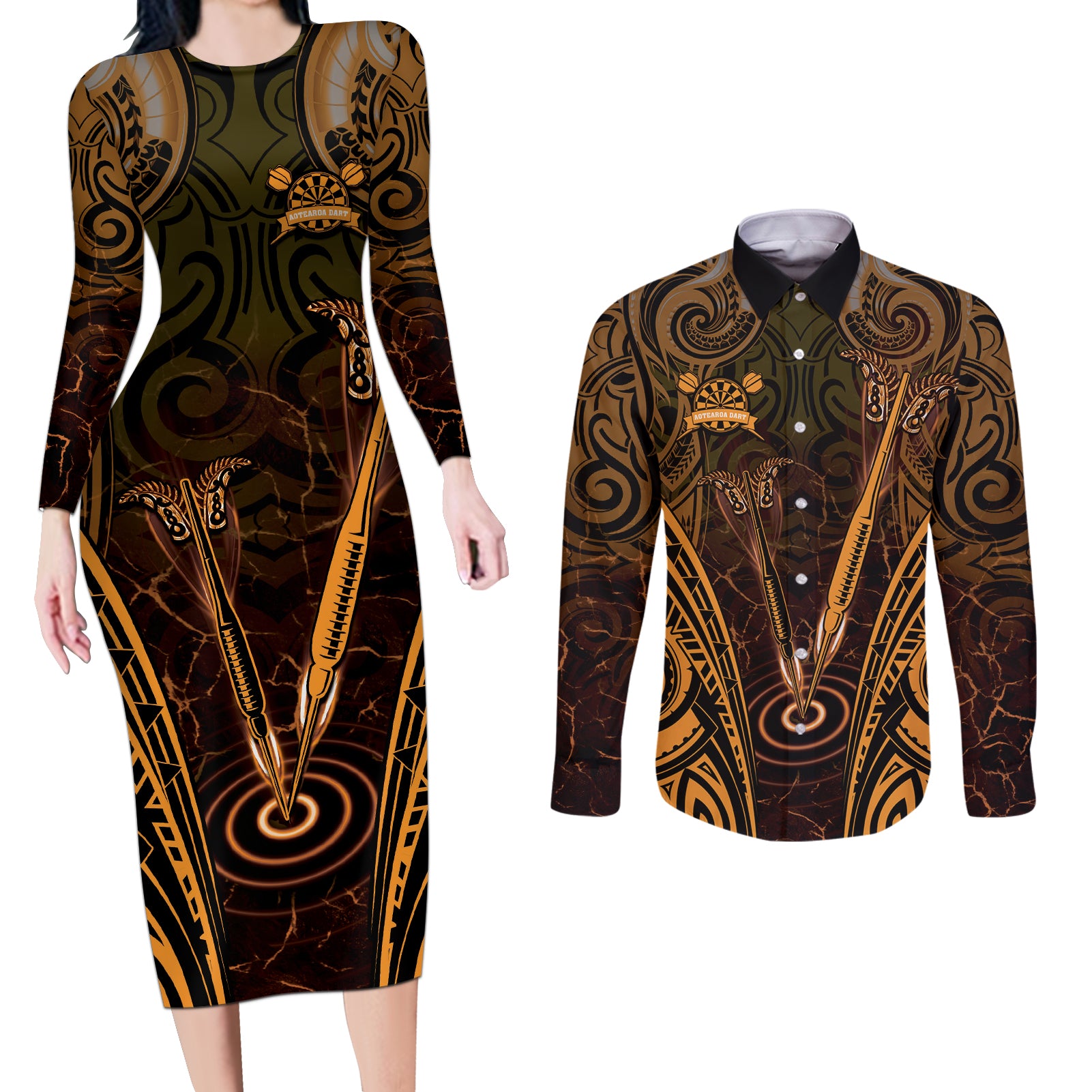 Personalised New Zealand Darts Couples Matching Long Sleeve Bodycon Dress and Long Sleeve Button Shirt Gold Dart Board Maori Pattern