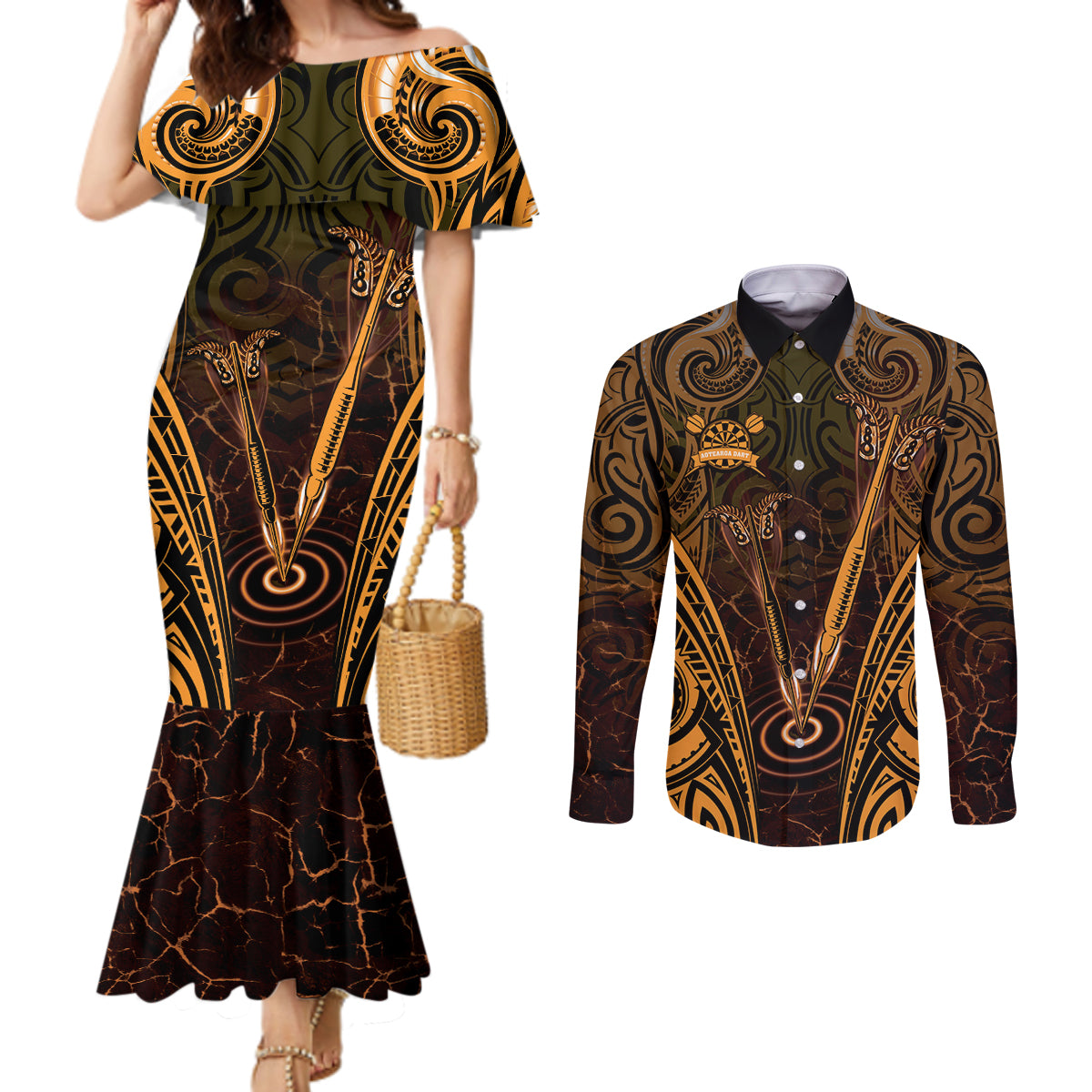 Personalised New Zealand Darts Couples Matching Mermaid Dress and Long Sleeve Button Shirt Gold Dart Board Maori Pattern