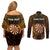 Personalised New Zealand Darts Couples Matching Off Shoulder Short Dress and Long Sleeve Button Shirt Gold Dart Board Maori Pattern