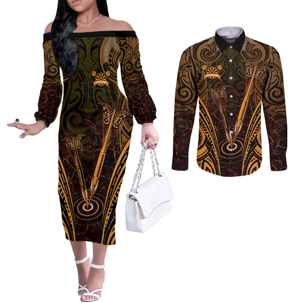 Personalised New Zealand Darts Couples Matching Off The Shoulder Long Sleeve Dress and Long Sleeve Button Shirt Gold Dart Board Maori Pattern