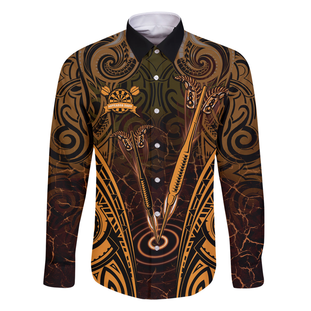 Personalised New Zealand Darts Family Matching Long Sleeve Bodycon Dress and Hawaiian Shirt Gold Dart Board Maori Pattern