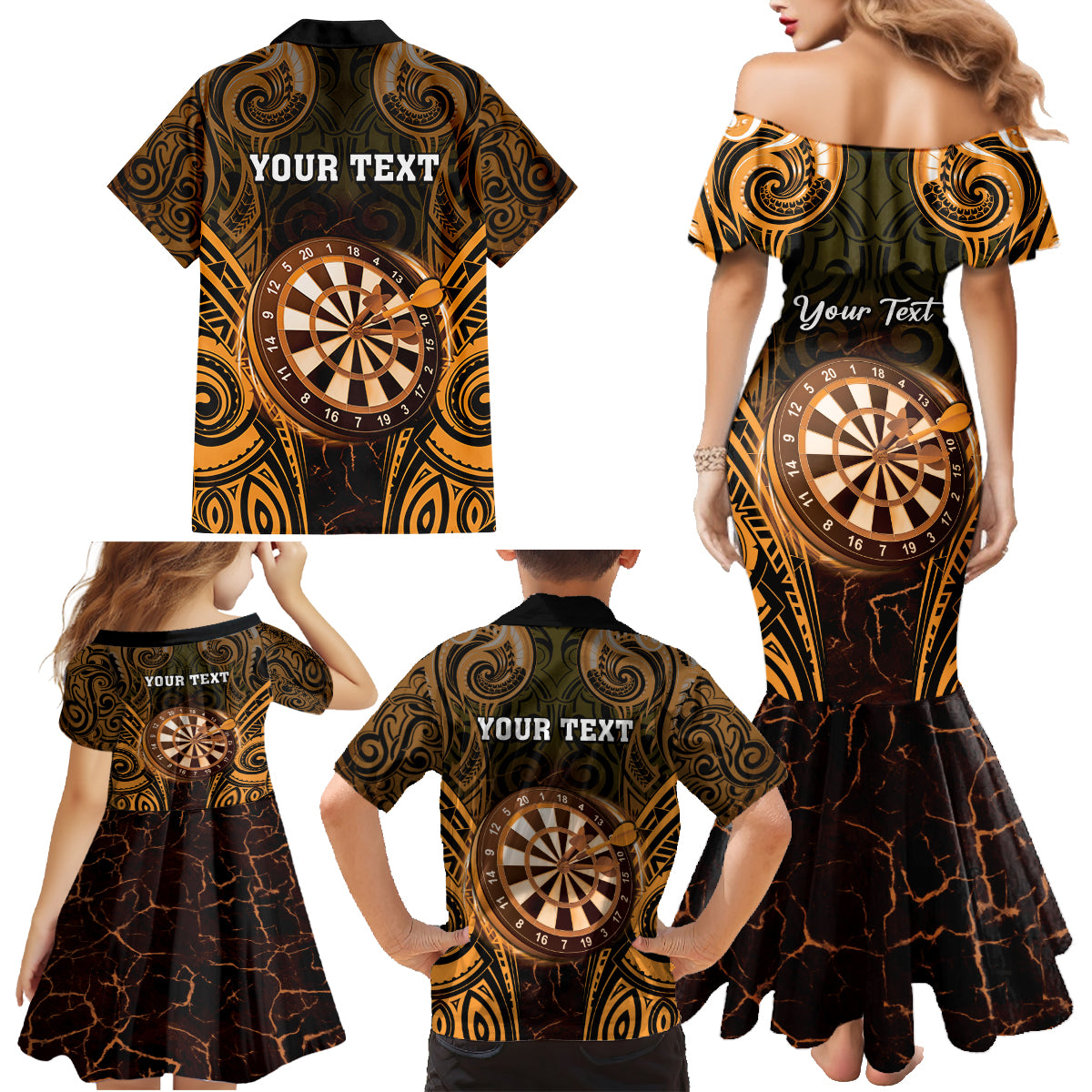 Personalised New Zealand Darts Family Matching Mermaid Dress and Hawaiian Shirt Gold Dart Board Maori Pattern