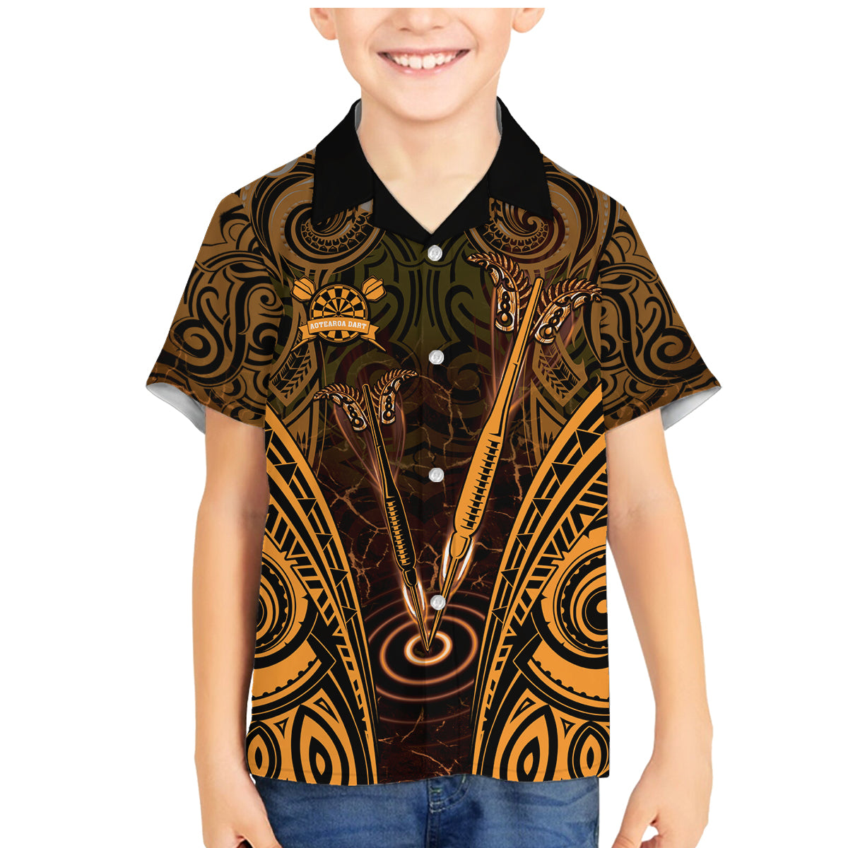 Personalised New Zealand Darts Family Matching Mermaid Dress and Hawaiian Shirt Gold Dart Board Maori Pattern