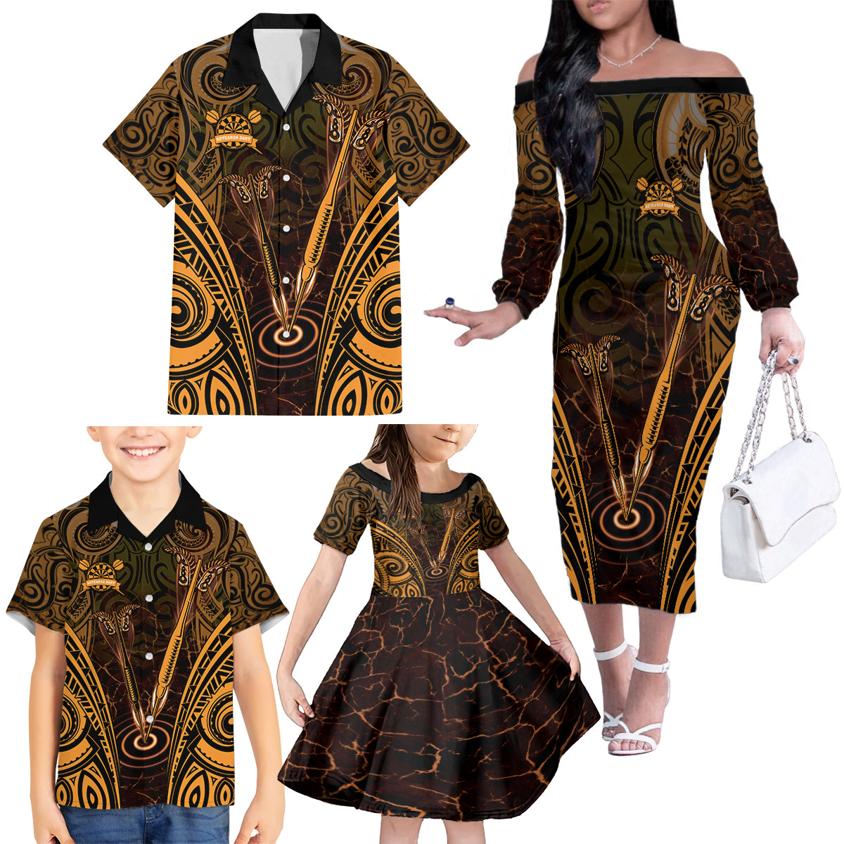 Personalised New Zealand Darts Family Matching Off The Shoulder Long Sleeve Dress and Hawaiian Shirt Gold Dart Board Maori Pattern