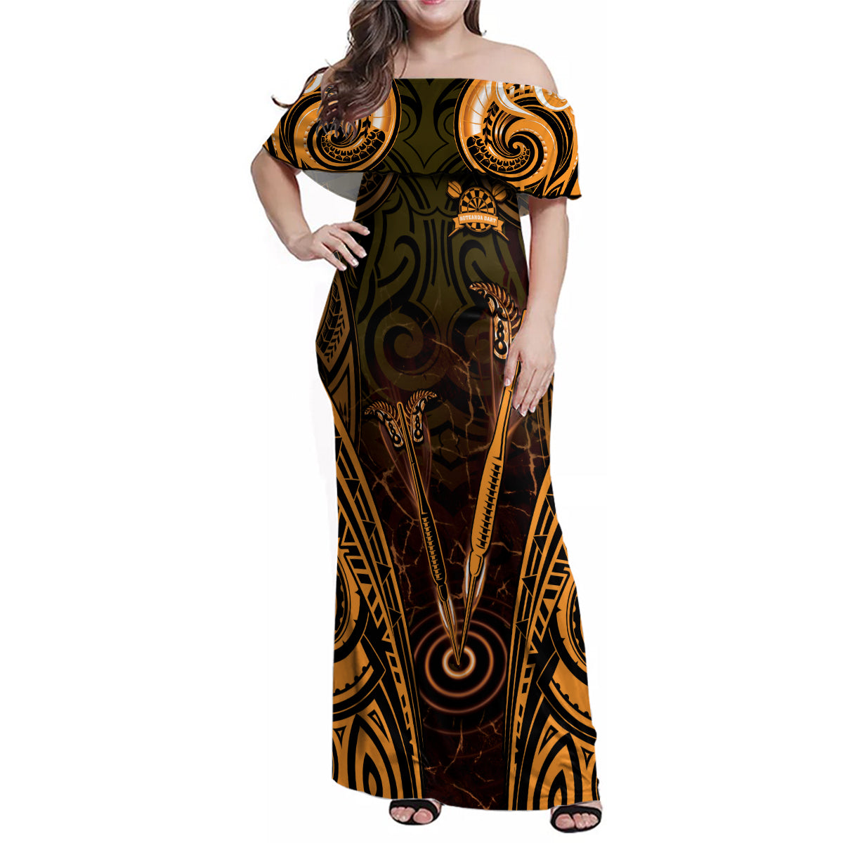 Personalised New Zealand Darts Family Matching Off Shoulder Maxi Dress and Hawaiian Shirt Gold Dart Board Maori Pattern