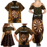 Personalised New Zealand Darts Family Matching Summer Maxi Dress and Hawaiian Shirt Gold Dart Board Maori Pattern