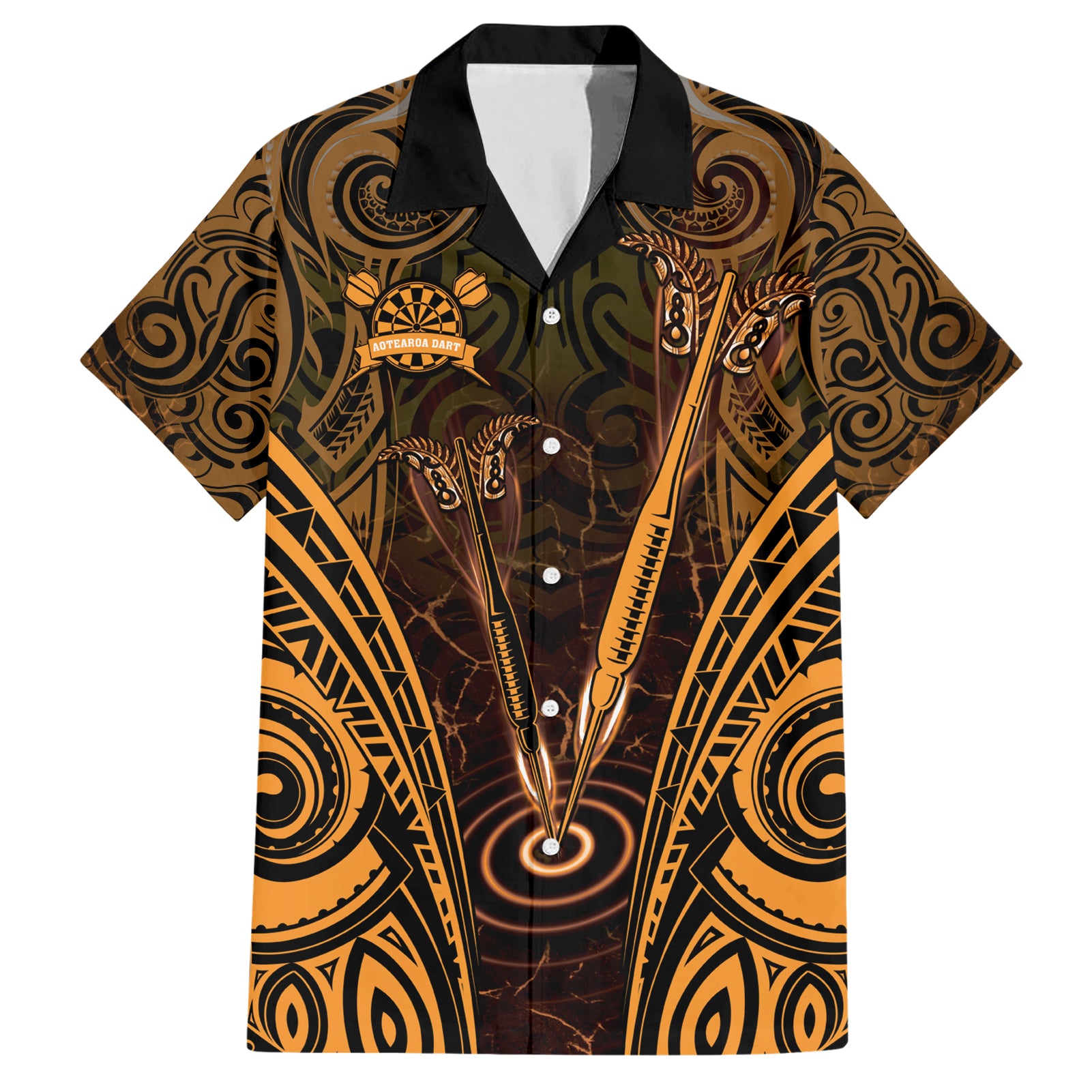 Personalised New Zealand Darts Hawaiian Shirt Gold Dart Board Maori Pattern