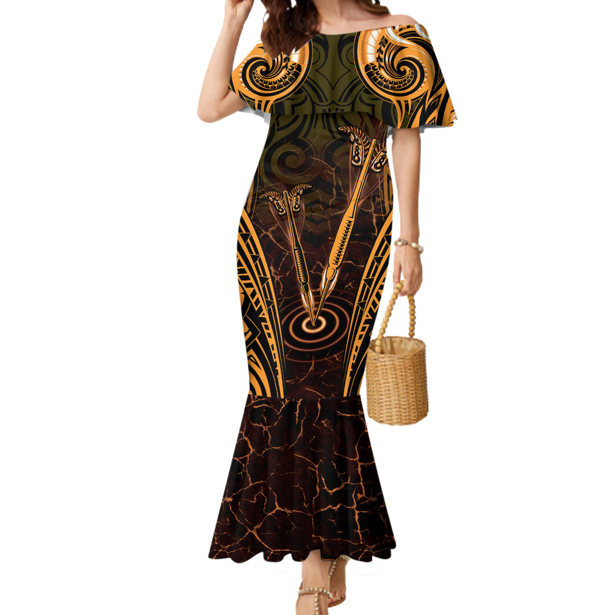 Personalised New Zealand Darts Mermaid Dress Gold Dart Board Maori Pattern