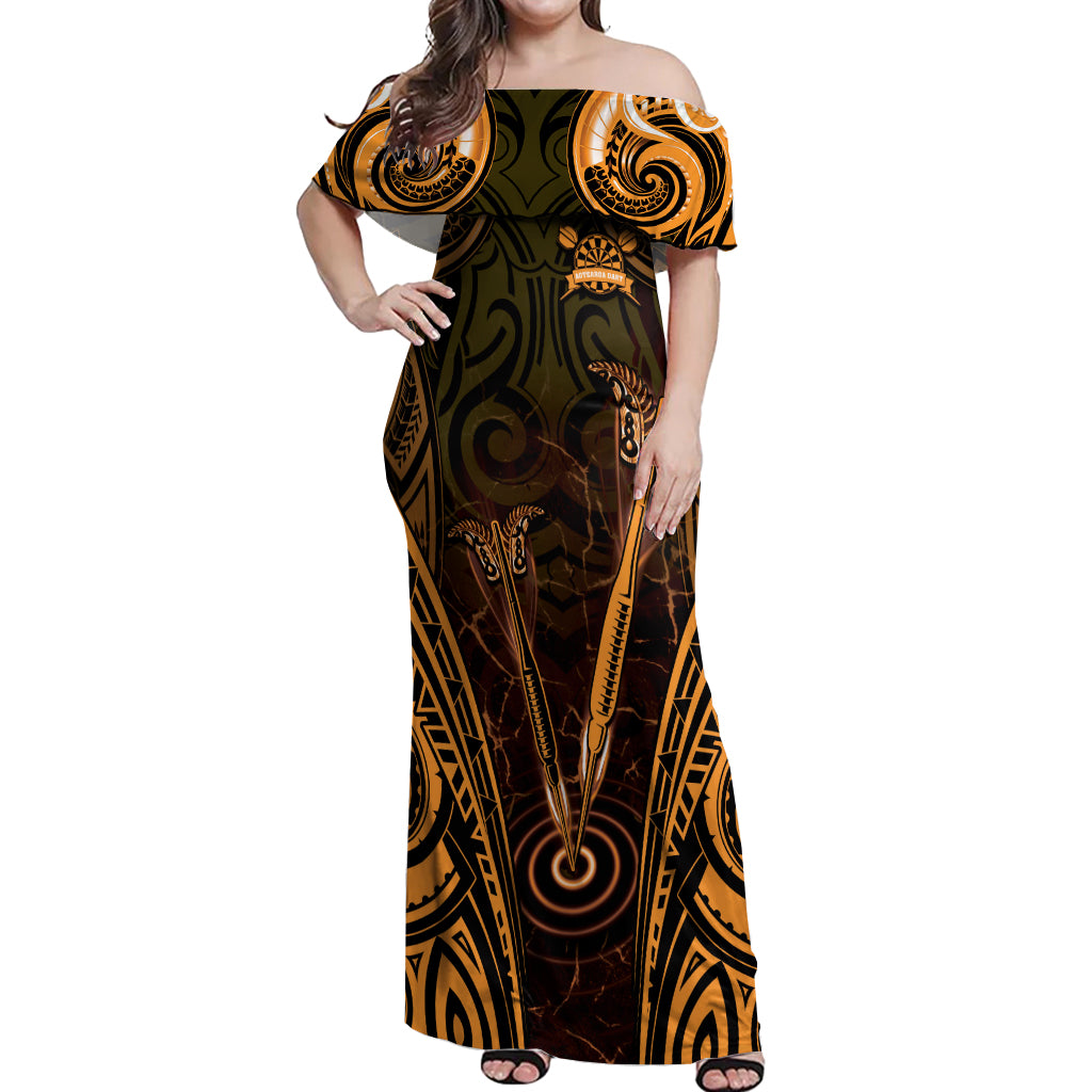 Personalised New Zealand Darts Off Shoulder Maxi Dress Gold Dart Board Maori Pattern