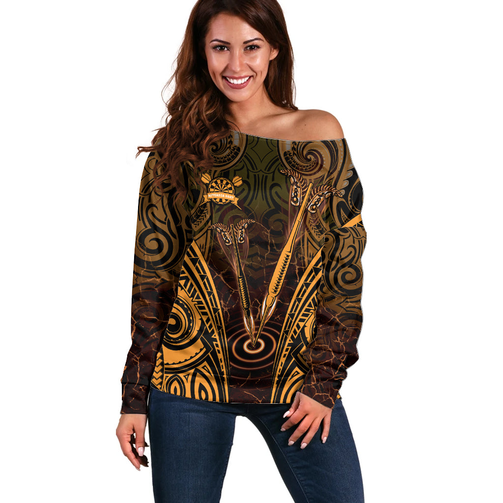 Personalised New Zealand Darts Off Shoulder Sweater Gold Dart Board Maori Pattern