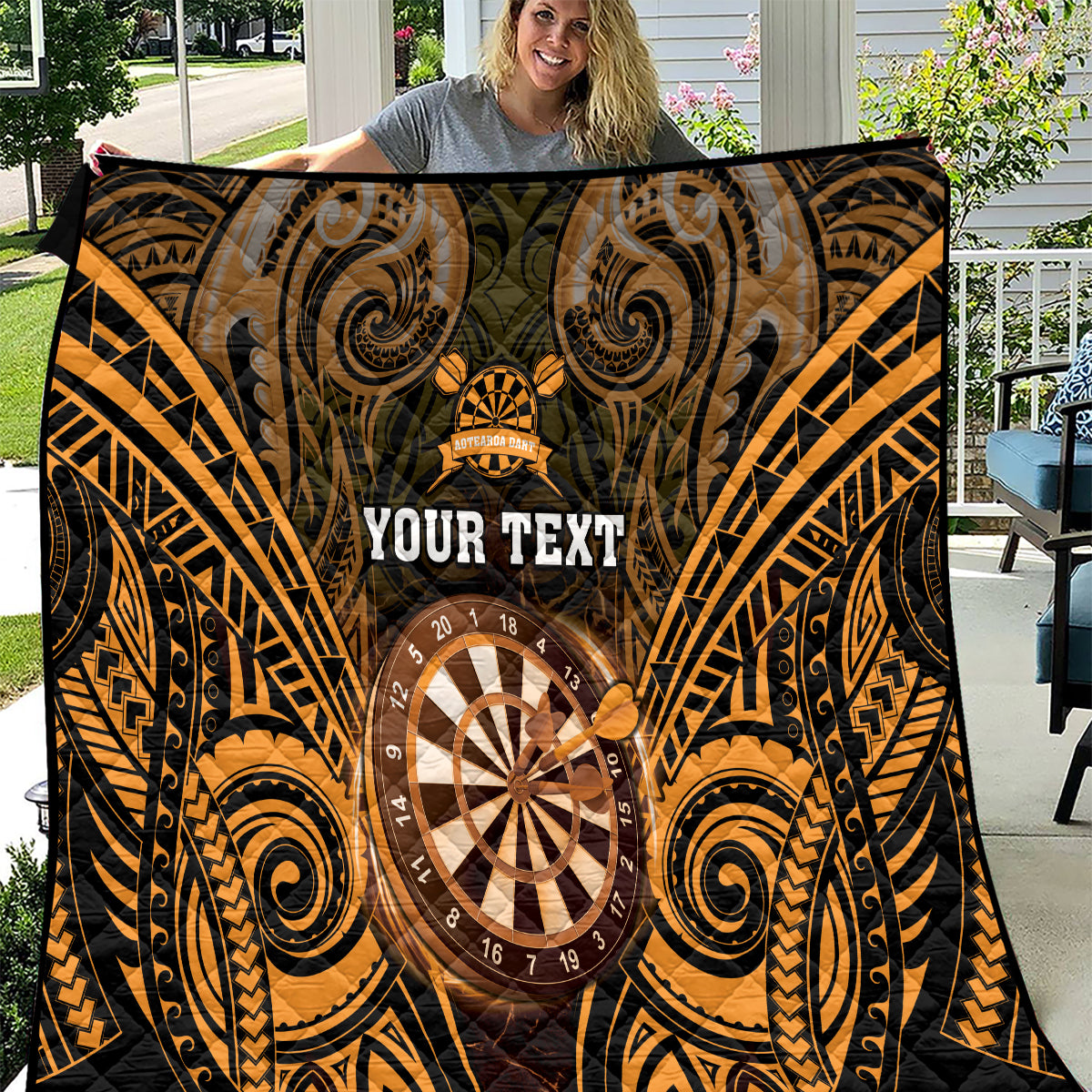 Personalised New Zealand Darts Quilt Gold Dart Board Maori Pattern