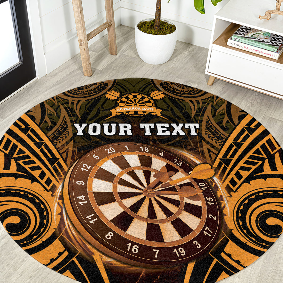 Personalised New Zealand Darts Round Carpet Gold Dart Board Maori Pattern