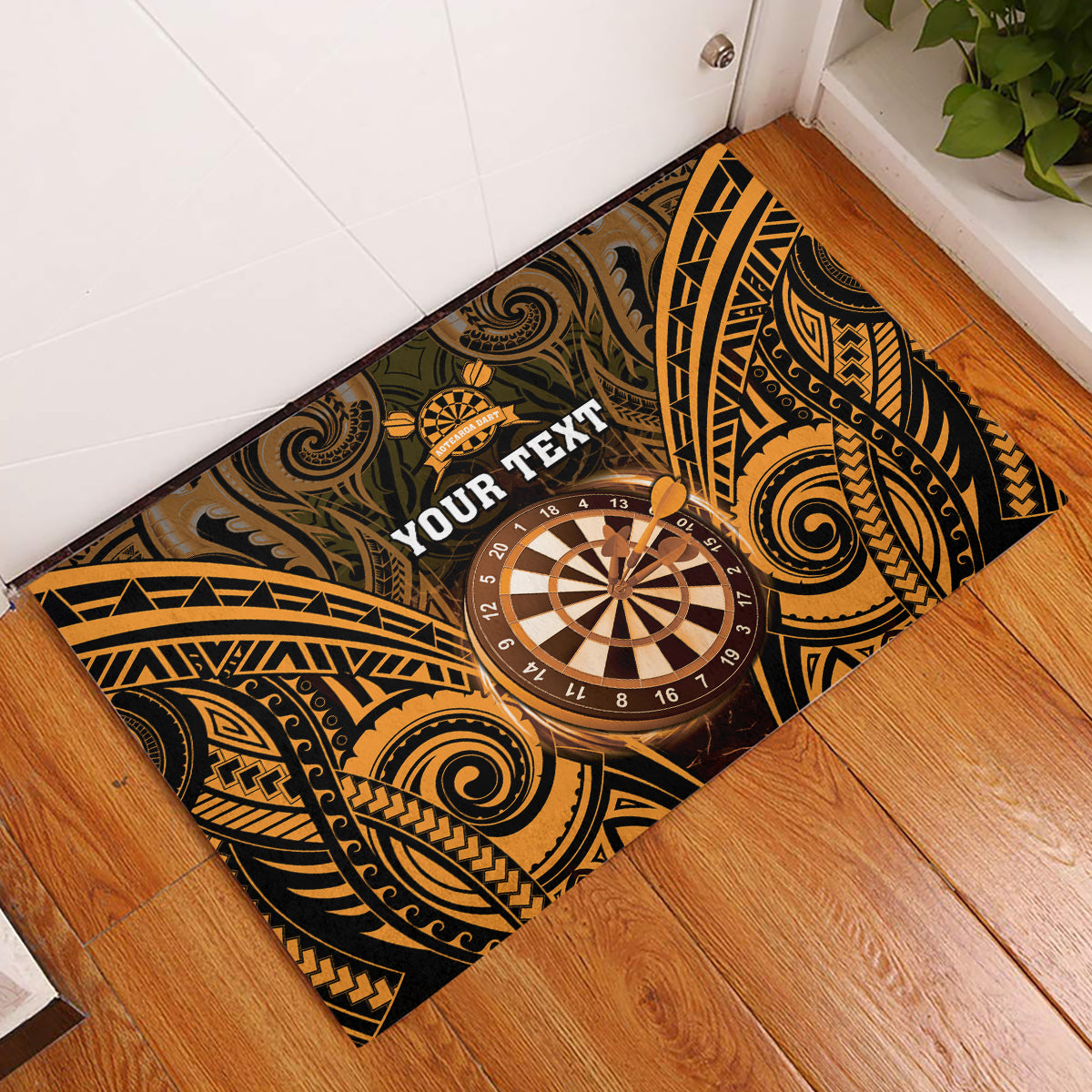 Personalised New Zealand Darts Rubber Doormat Gold Dart Board Maori Pattern