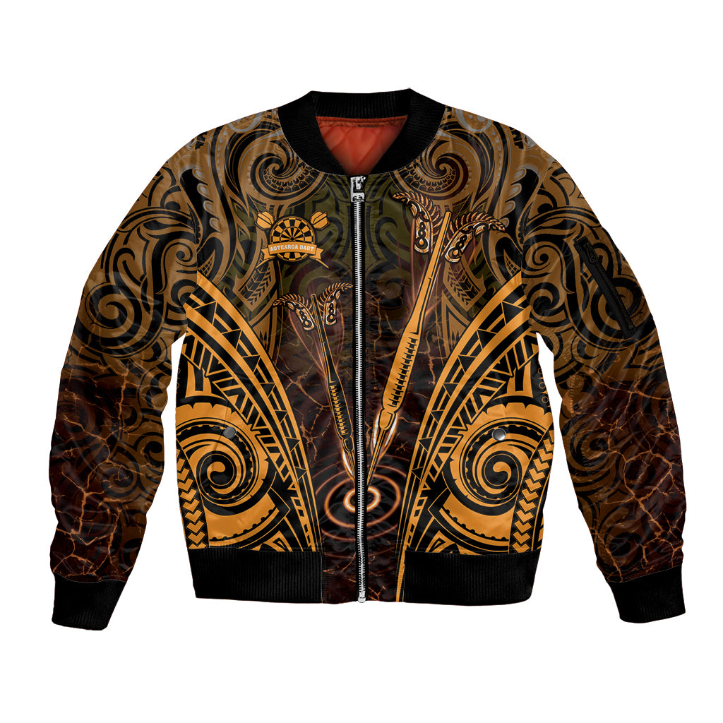 Personalised New Zealand Darts Sleeve Zip Bomber Jacket Gold Dart Board Maori Pattern