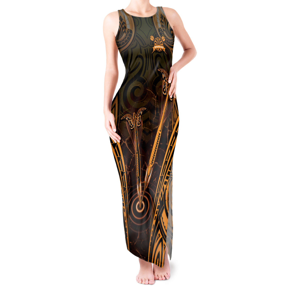 Personalised New Zealand Darts Tank Maxi Dress Gold Dart Board Maori Pattern