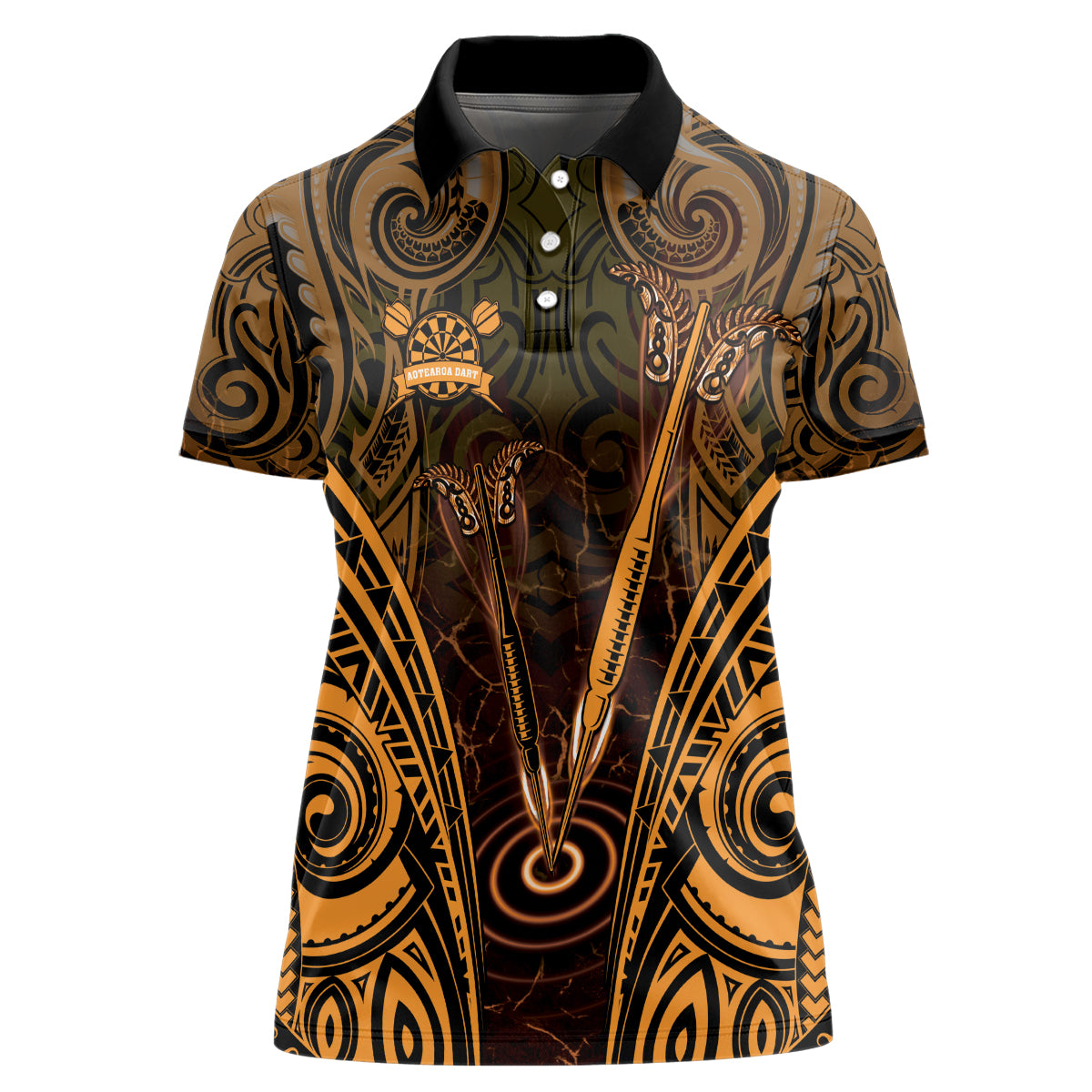 Personalised New Zealand Darts Women Polo Shirt Gold Dart Board Maori Pattern