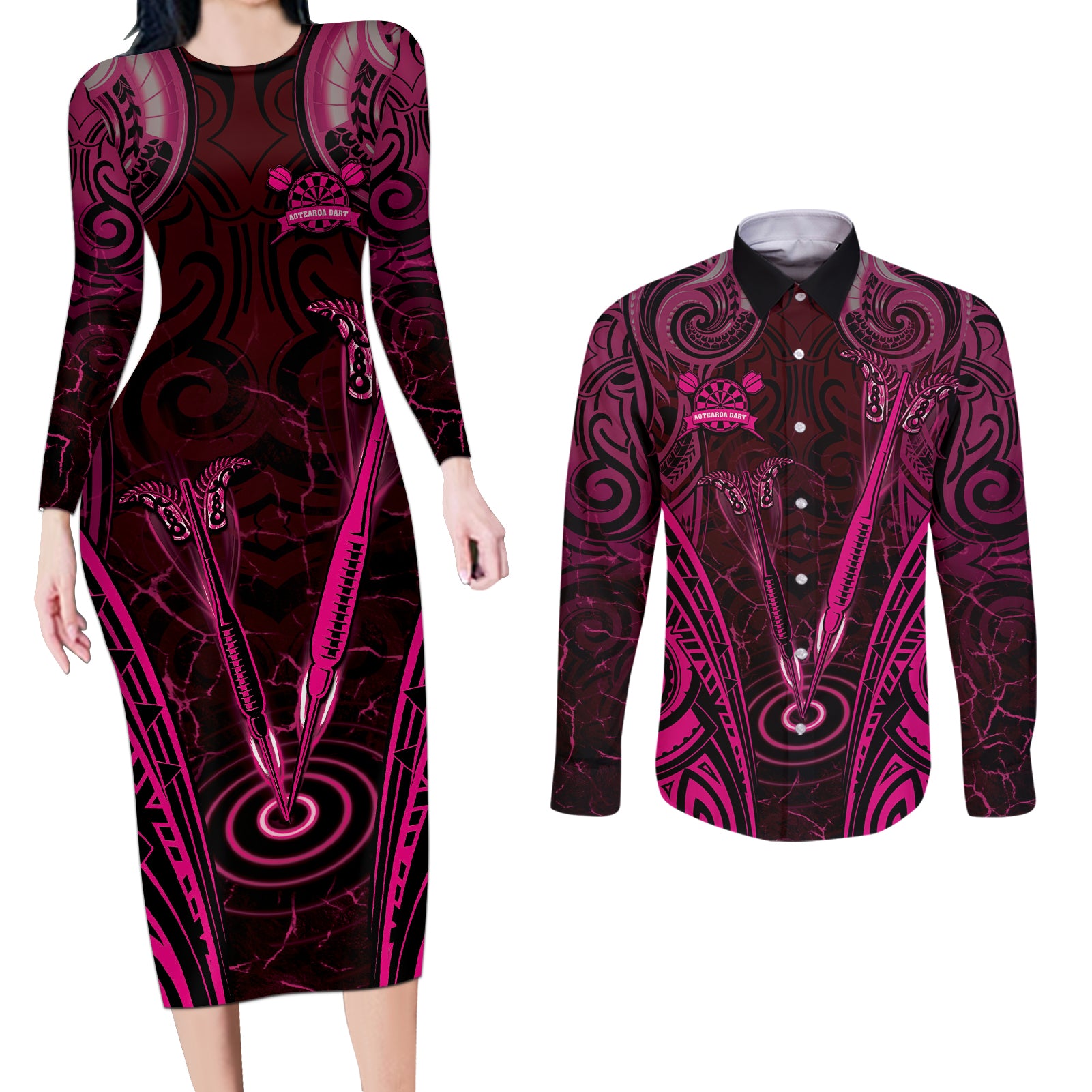 Personalised New Zealand Darts Couples Matching Long Sleeve Bodycon Dress and Long Sleeve Button Shirt Pink Dart Board Maori Pattern