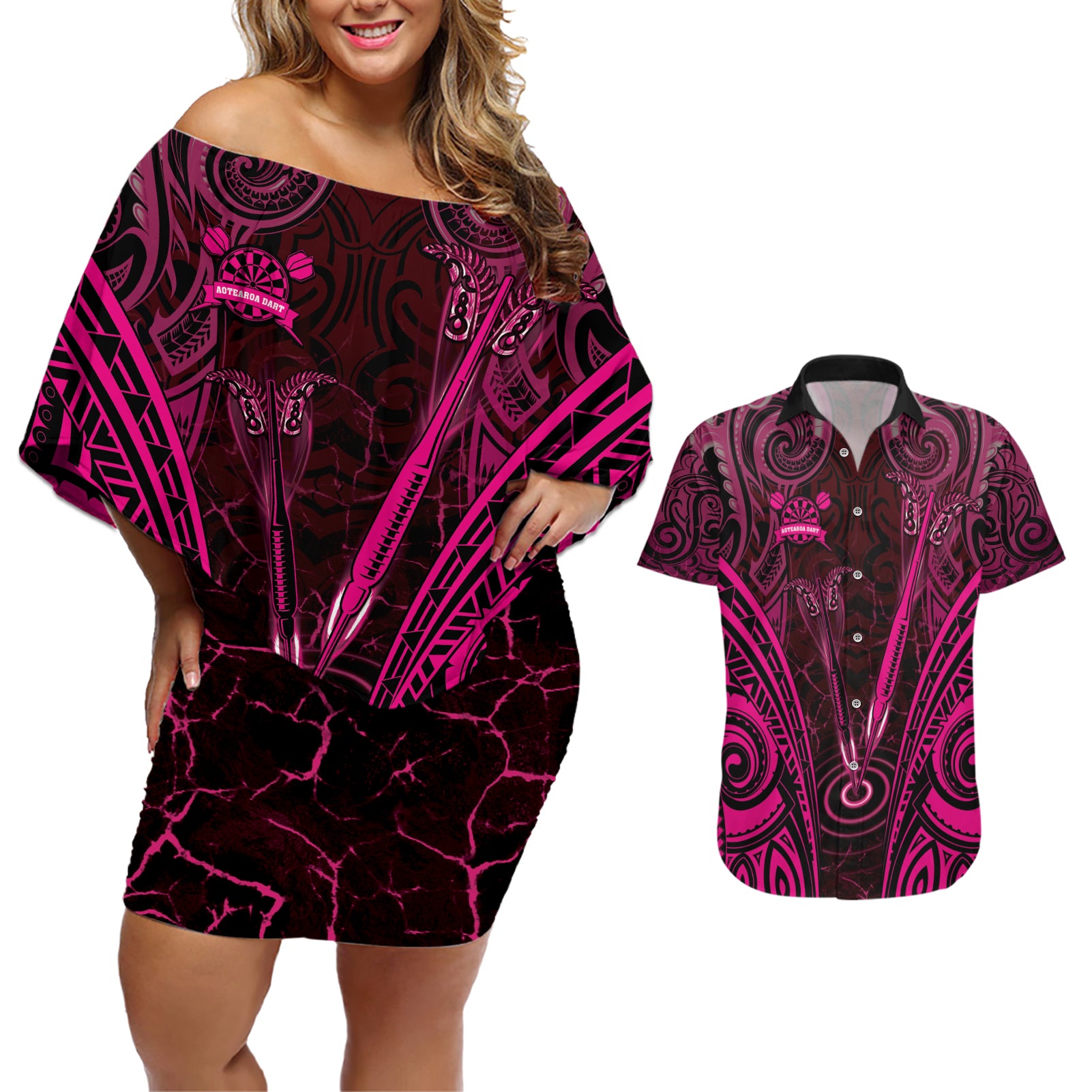 Personalised New Zealand Darts Couples Matching Off Shoulder Short Dress and Hawaiian Shirt Pink Dart Board Maori Pattern