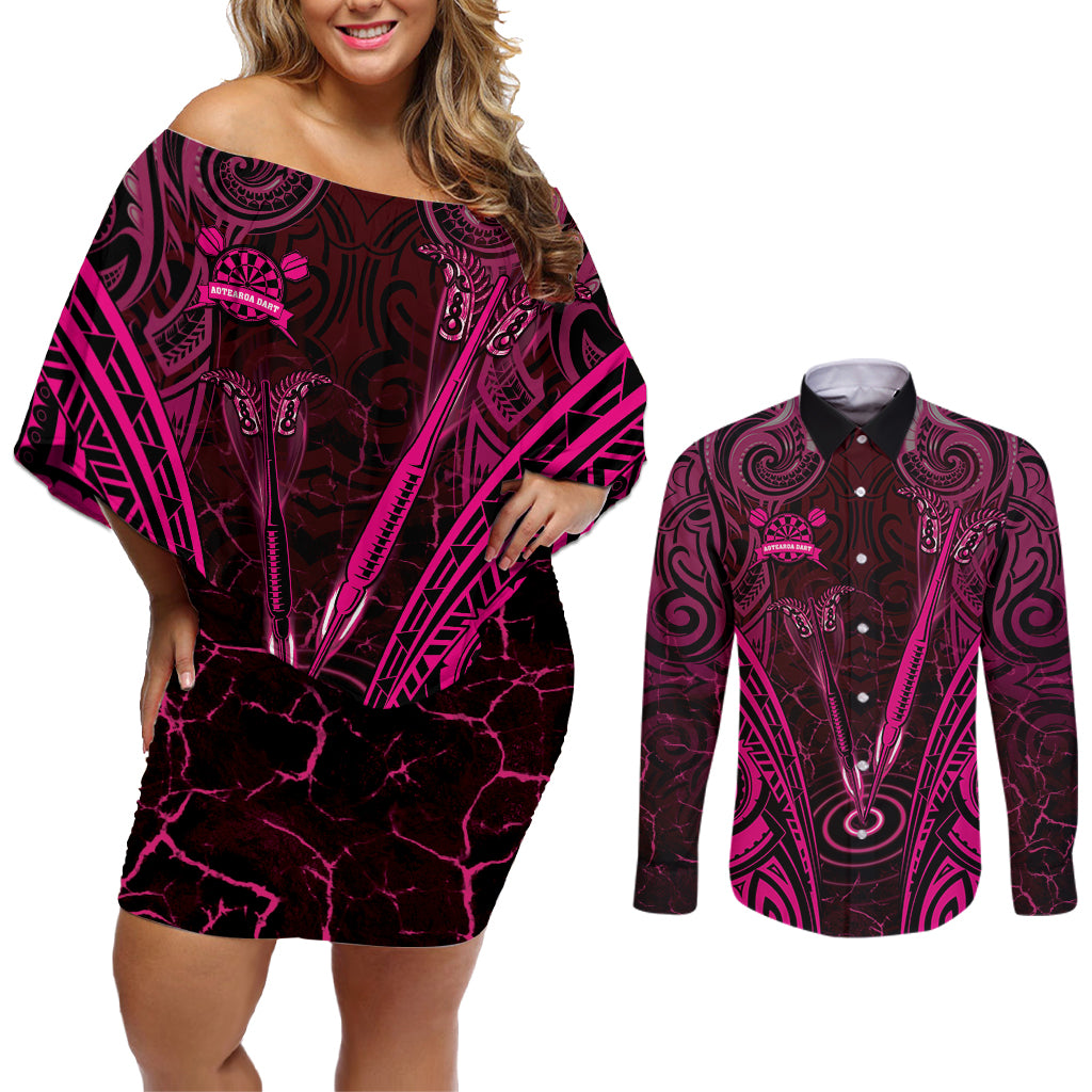 Personalised New Zealand Darts Couples Matching Off Shoulder Short Dress and Long Sleeve Button Shirt Pink Dart Board Maori Pattern