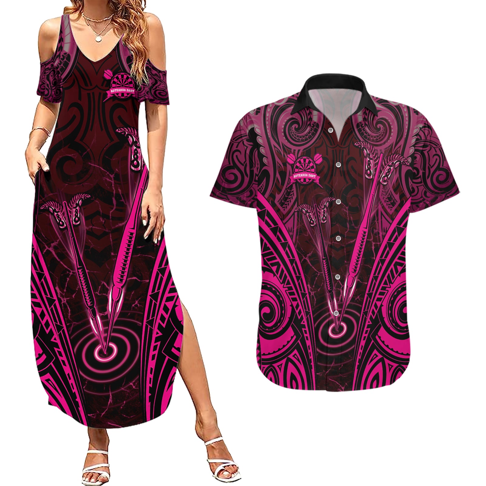 Personalised New Zealand Darts Couples Matching Summer Maxi Dress and Hawaiian Shirt Pink Dart Board Maori Pattern