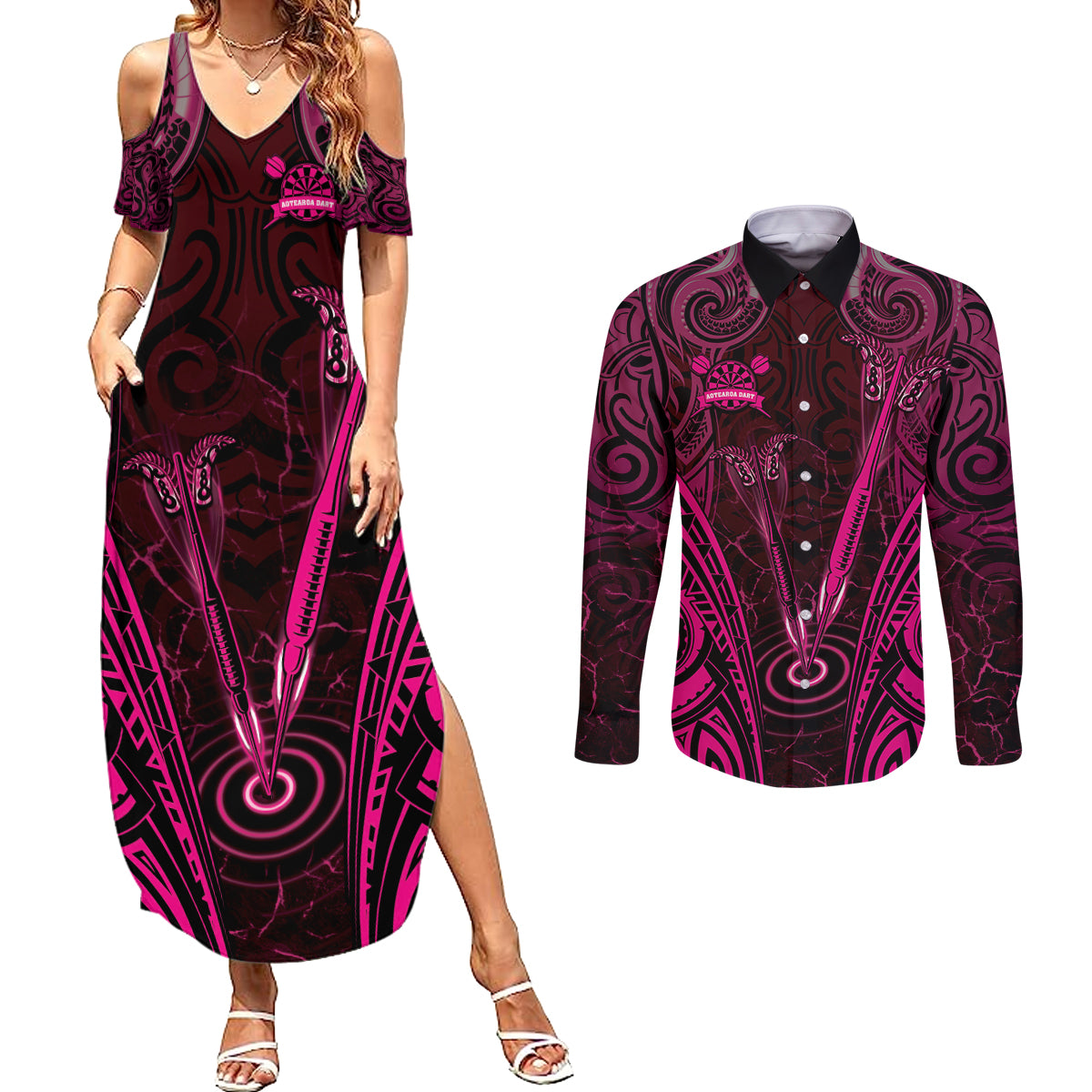 Personalised New Zealand Darts Couples Matching Summer Maxi Dress and Long Sleeve Button Shirt Pink Dart Board Maori Pattern