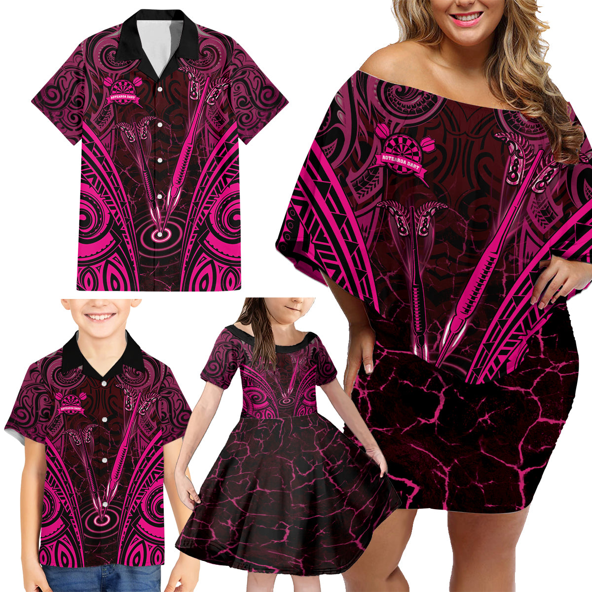 Personalised New Zealand Darts Family Matching Off Shoulder Short Dress and Hawaiian Shirt Pink Dart Board Maori Pattern