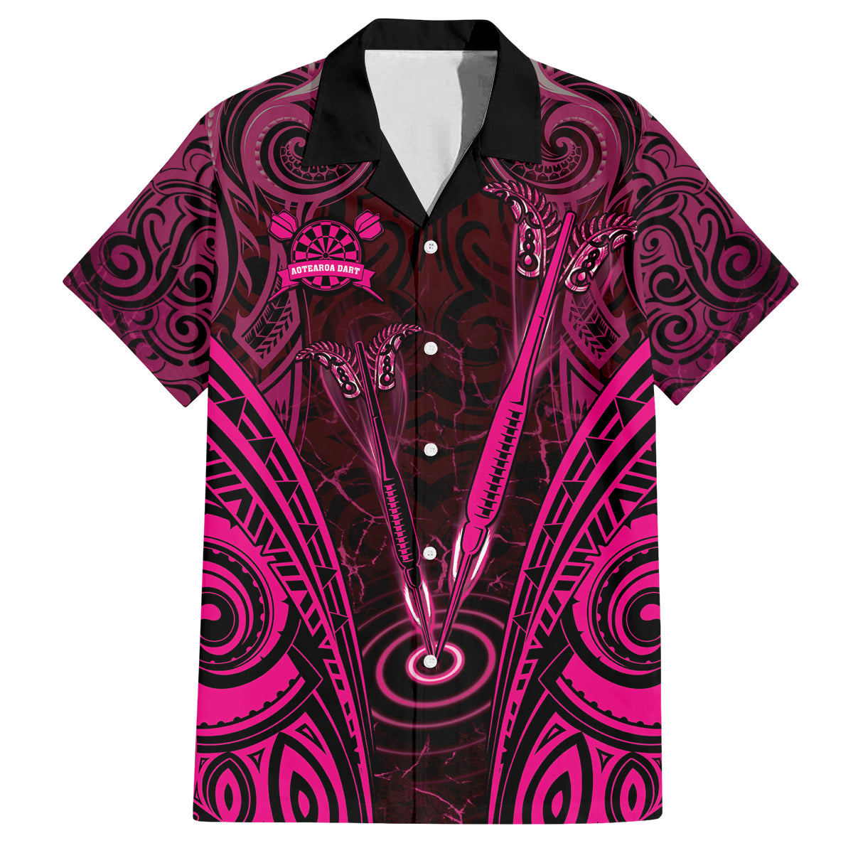 Personalised New Zealand Darts Family Matching Off Shoulder Short Dress and Hawaiian Shirt Pink Dart Board Maori Pattern