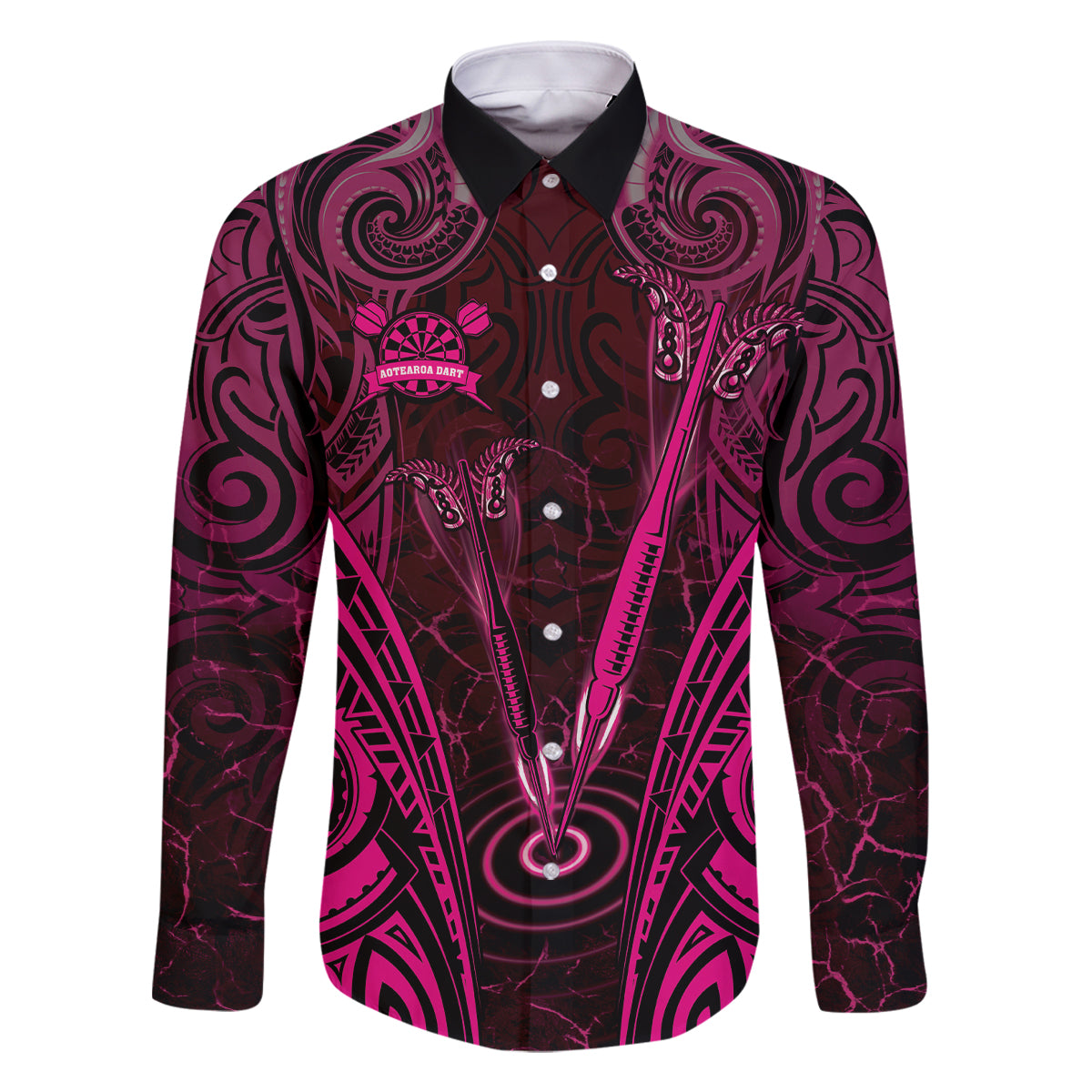 Personalised New Zealand Darts Family Matching Off Shoulder Short Dress and Hawaiian Shirt Pink Dart Board Maori Pattern