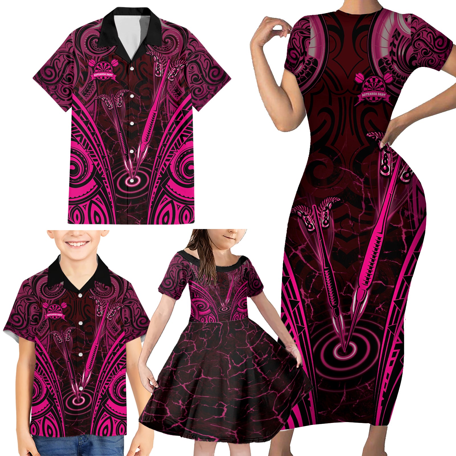 Personalised New Zealand Darts Family Matching Short Sleeve Bodycon Dress and Hawaiian Shirt Pink Dart Board Maori Pattern