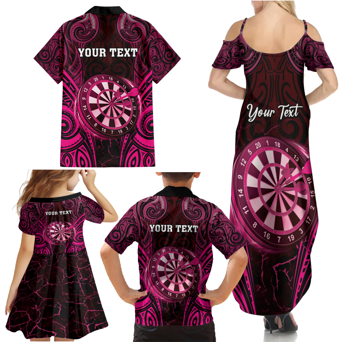 Personalised New Zealand Darts Family Matching Summer Maxi Dress and Hawaiian Shirt Pink Dart Board Maori Pattern