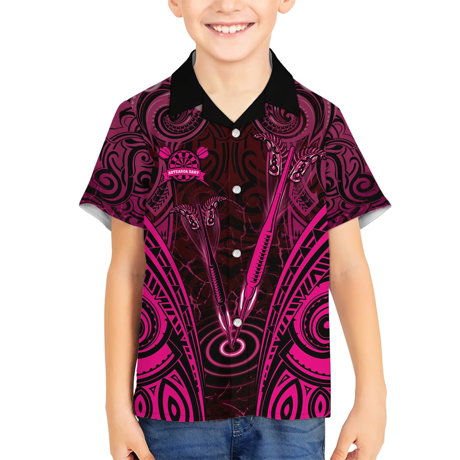 Personalised New Zealand Darts Kid Hawaiian Shirt Pink Dart Board Maori Pattern