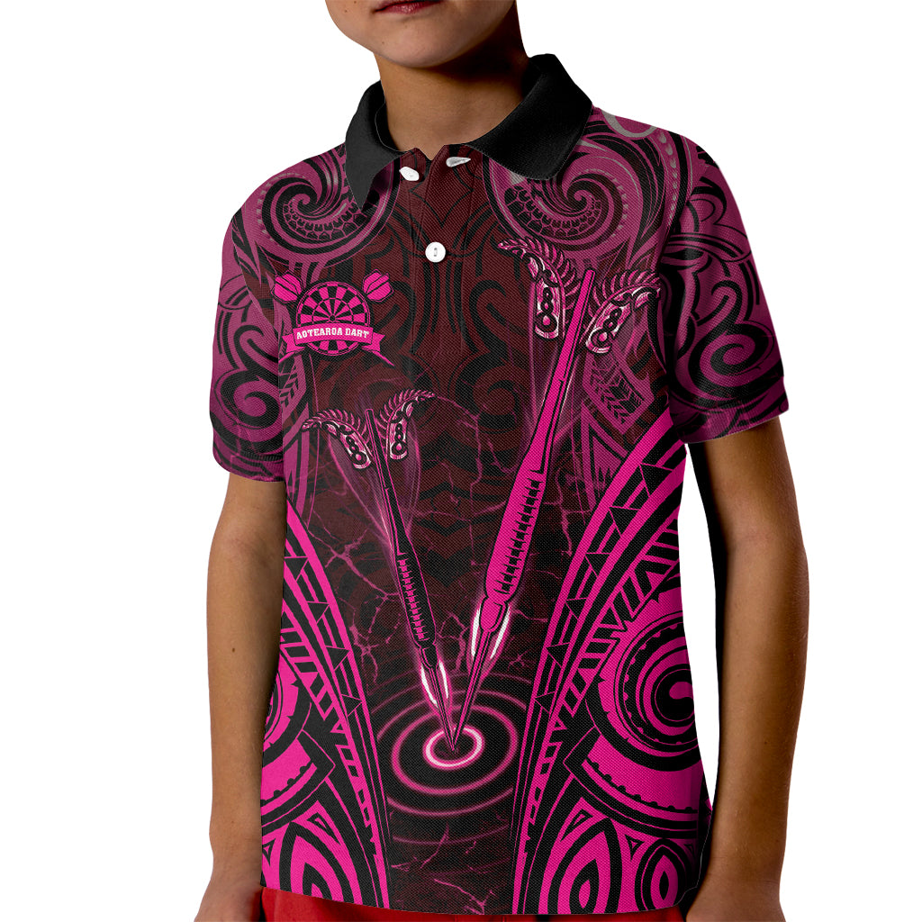 Personalised New Zealand Darts Kid Polo Shirt Pink Dart Board Maori Pattern