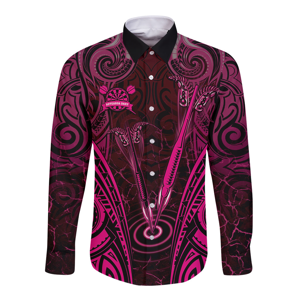 Personalised New Zealand Darts Long Sleeve Button Shirt Pink Dart Board Maori Pattern