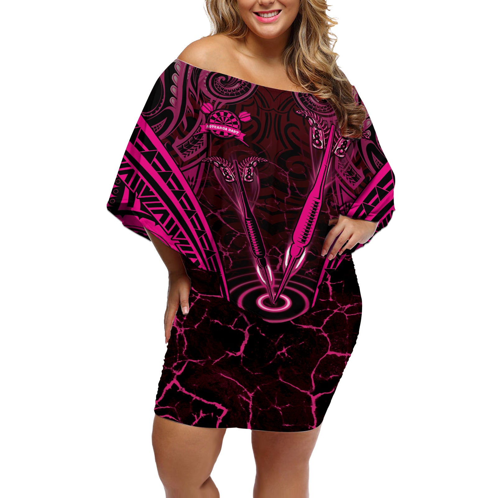 Personalised New Zealand Darts Off Shoulder Short Dress Pink Dart Board Maori Pattern