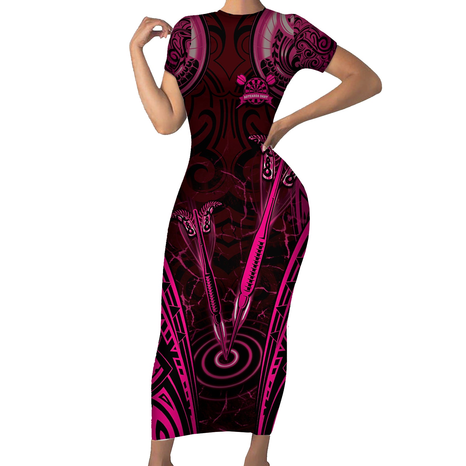 Personalised New Zealand Darts Short Sleeve Bodycon Dress Pink Dart Board Maori Pattern