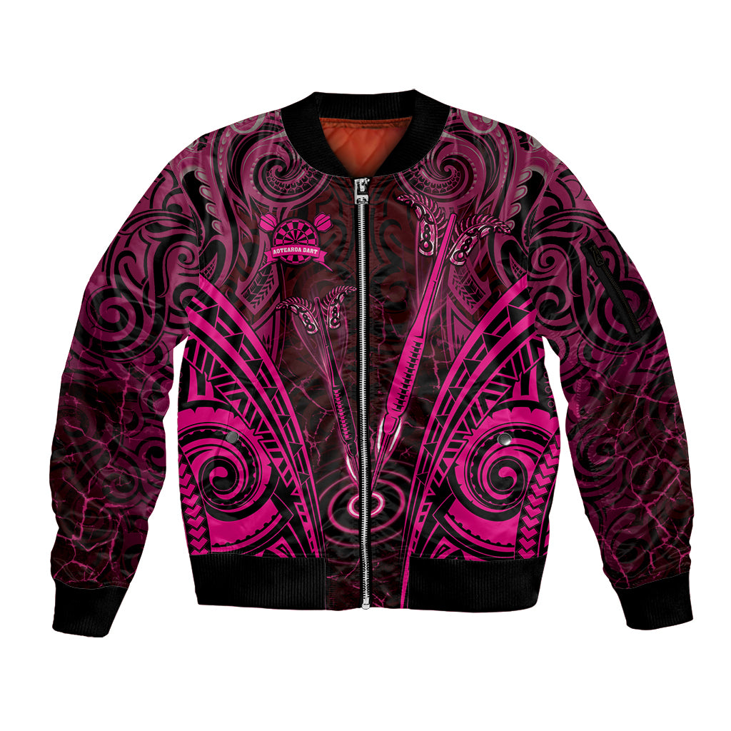 Personalised New Zealand Darts Sleeve Zip Bomber Jacket Pink Dart Board Maori Pattern