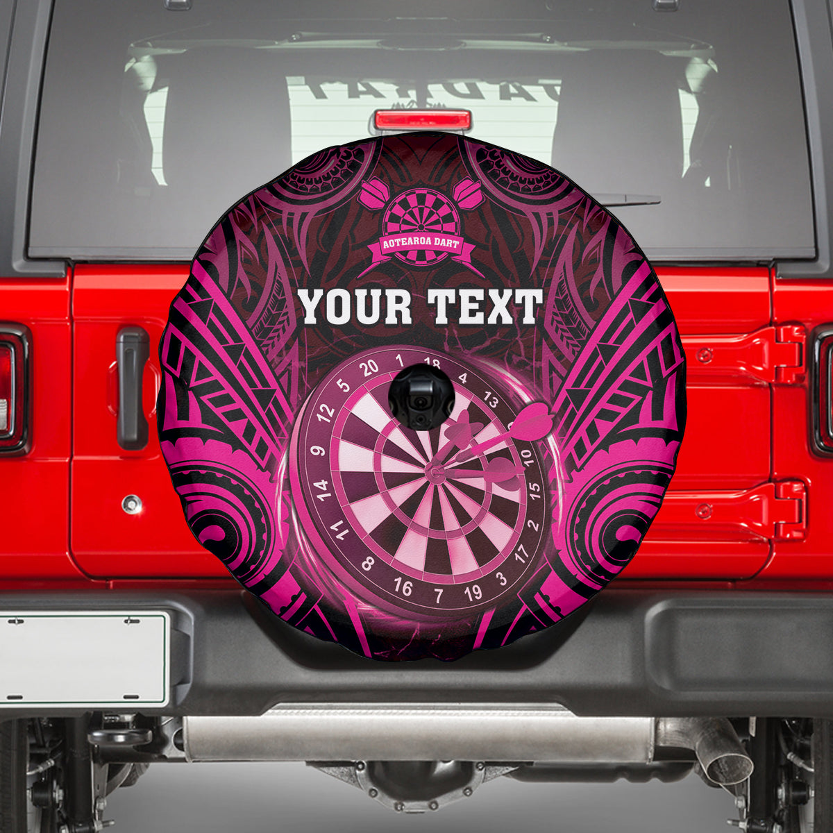 Personalised New Zealand Darts Spare Tire Cover Pink Dart Board Maori Pattern