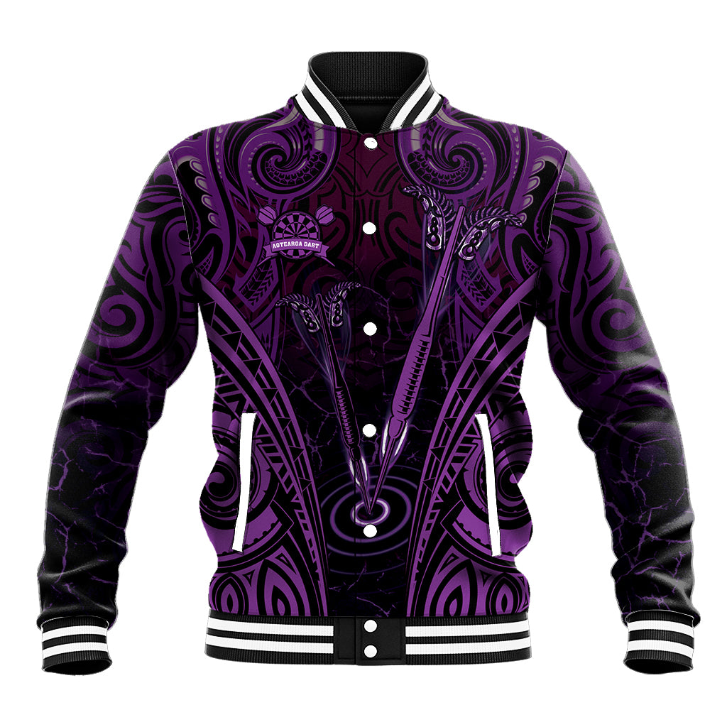 Personalised New Zealand Darts Baseball Jacket Purple Dart Board Maori Pattern