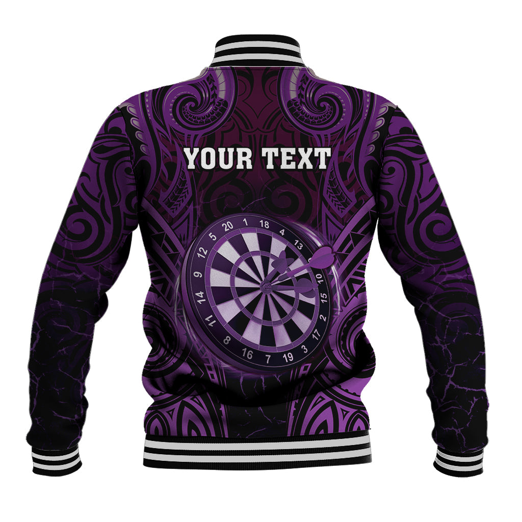 Personalised New Zealand Darts Baseball Jacket Purple Dart Board Maori Pattern