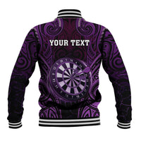 Personalised New Zealand Darts Baseball Jacket Purple Dart Board Maori Pattern
