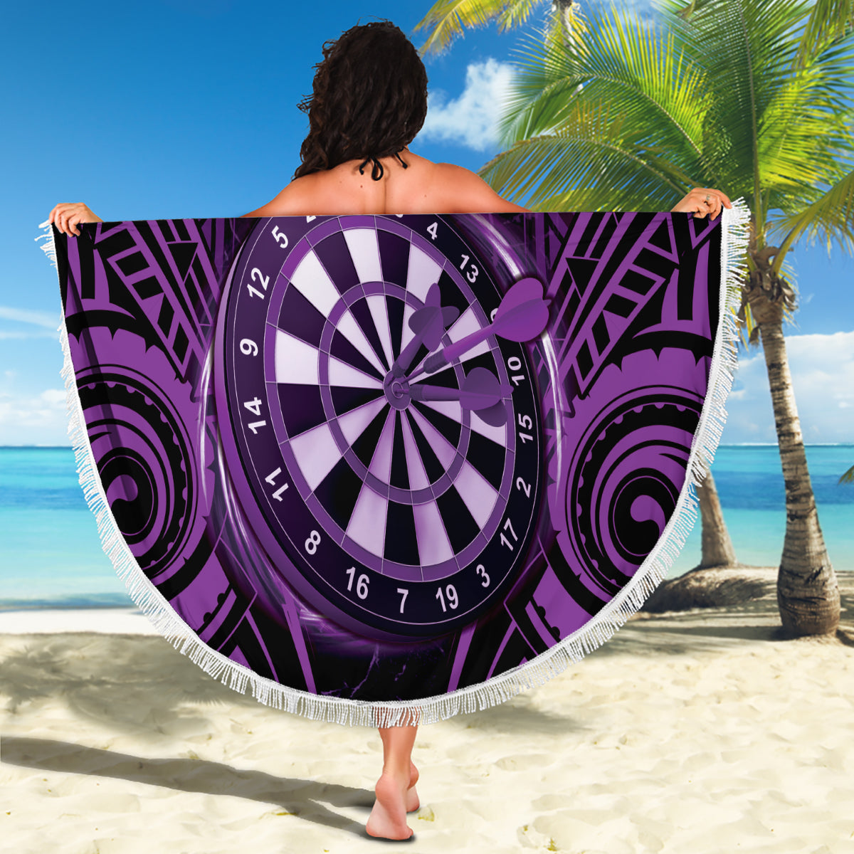 Personalised New Zealand Darts Beach Blanket Purple Dart Board Maori Pattern