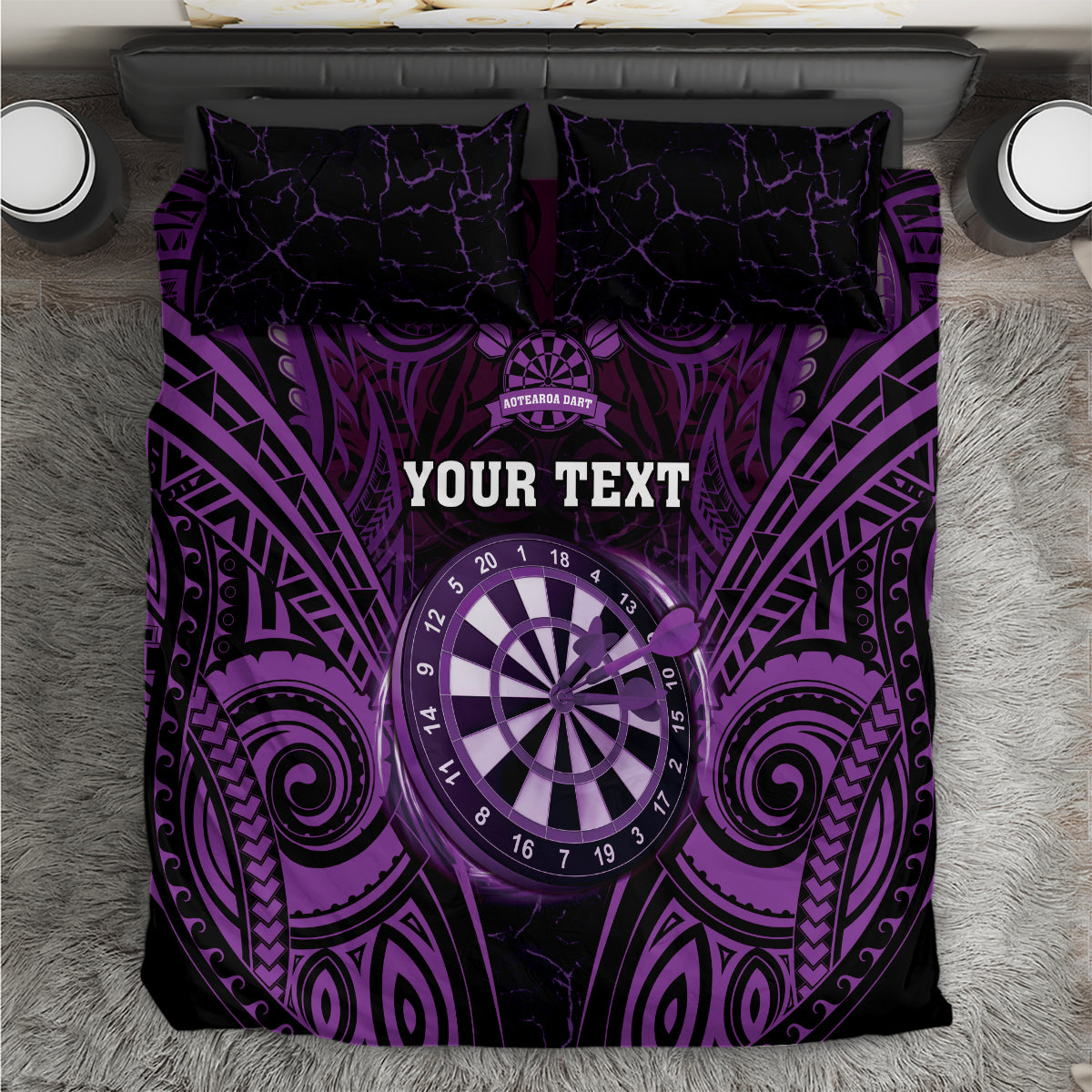 Personalised New Zealand Darts Bedding Set Purple Dart Board Maori Pattern